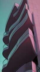 Aufkleber - A sleek, geometric tower rising against a soft, mint-green sky, bold pink accents on the building’s façade lending a retro-futuristic pop of color.