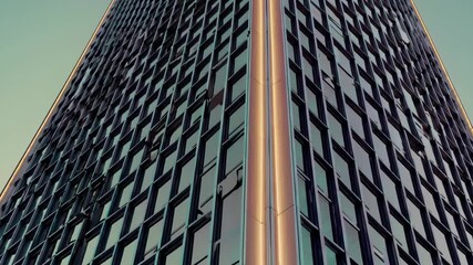 Aufkleber - A sleek, geometric tower rising against a soft, mint-green sky, bold pink accents on the building’s façade lending a retro-futuristic pop of color.