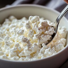 Wall Mural - cottage cheese being scooped out with a silver spoon, highlighting the texture within a white ceramic bowl