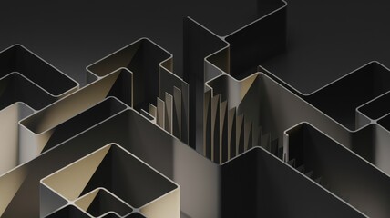 Poster - Abstract 3D rendering of a complex geometric maze structure with dark metallic tones and subtle highlights.