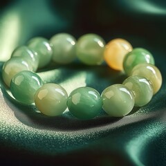 jade bracelet with smooth, polished stones, displayed on a velvet cloth with soft lighting highlighting its natural beauty