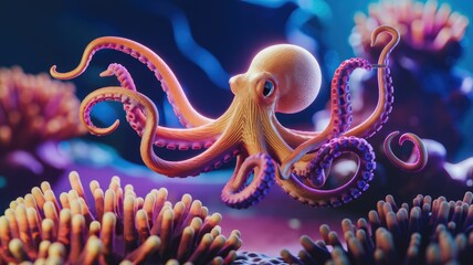 Poster - A vibrant, 3D-rendered octopus gracefully swims amidst glowing coral reefs.