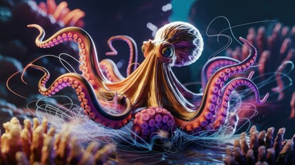 Poster - A vibrant, metallic octopus amidst glowing coral and ethereal strands, a captivating digital art piece.