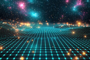 Poster - a stunning digital artwork depicting a starry night sky over an abstract, luminous grid, representin