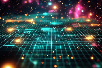 Poster - a captivating image showcasing a cosmic scene with a grid representing digital data and a vibrant ga