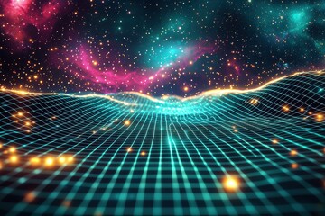 Poster - abstract digital landscape with a vibrant starry night sky background, featuring a glowing grid patt
