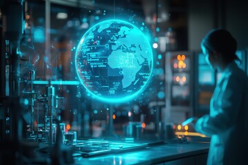 Poster - futuristic laboratory with a scientist looking at a holographic globe display, representing data and