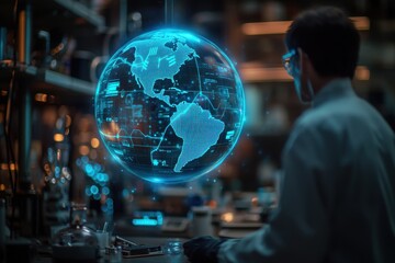 Poster - a person observing a holographic earth globe in a tech lab, representing global data and technologic