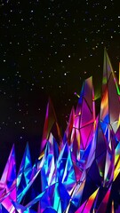 Poster - vibrant, abstract geometric mountain landscape, with soft lighting shifts enhancing the surreal