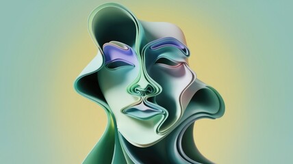 Poster - Abstract 3D rendering of a face, layered and fluid, pastel colors.