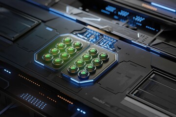 Aufkleber - Futuristic technology panel with glowing green buttons, intricate design, sci-fi interface.