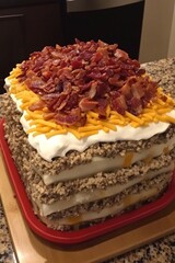 Poster - A cake with bacon and cheese on top of it