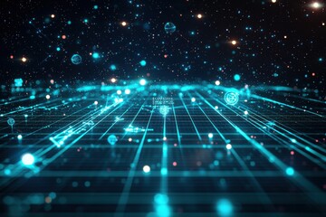 Poster - Creative illustration of a circuit board design with a network of glowing blue lines, spheres, and symbols, representing advanced technology concepts.
