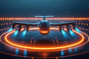 Aufkleber - Futuristic aircraft taking off from a circular platform, glowing with orange and blue neon lights, in a cinematic science fiction scene.