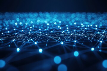 Poster - Digitally rendered graphic of a network with glowing nodes and connecting lines, symbolizing data flow, connection, and the complexity of digital structures.