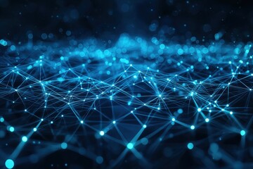 Poster - Abstract representation of a digital network, with connected nodes, lines, and light particles, conveying the concept of data transmission and modern technology.
