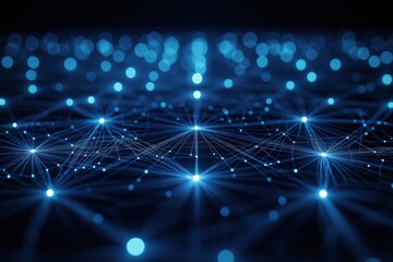 Poster - Abstract illustration of a network of connected lines and bright nodes in a blue color scheme, representing data flow, and digital communication.