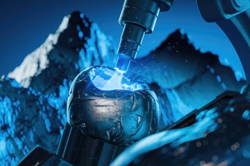 Poster - Futuristic robotic arm precision-welding a metallic sphere against a dramatic mountain backdrop.