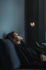 Poster - A contemporary 4K photograph of a modern woman lying back on a stylish sofa, with soft lighting accentuating the minimalist decor and comfortable atmosphere of the space