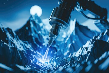 Poster - Robotic arm precisely carves intricate details into a 3D-printed model resembling a mountain range.