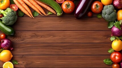 Poster - A wooden table topped with lots of different types of vegetables