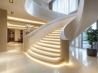 Poster - A contemporary staircase with sleek, non-slip tiles, perfectly designed for both safety and modern aesthetics in a high-end home