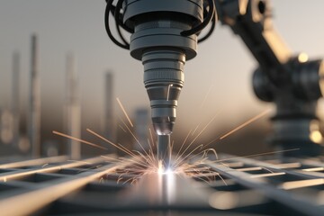 Poster - A robotic arm uses laser welding technology to precisely join metal components, creating sparks.