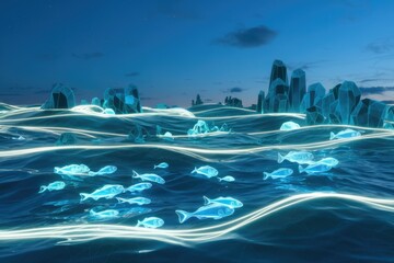 Poster - Digital ocean scene with glowing fish and crystal structures swimming at night.
