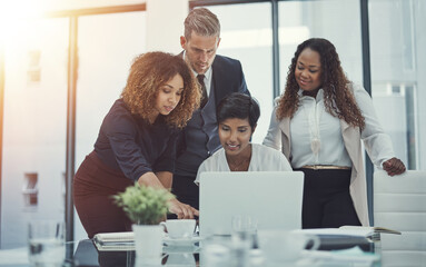 Poster - Solution, finance or business people in meeting with laptop for feedback, discussion or teamwork. Corporate report, smile or financial advisor talking to economists for economy or planning together