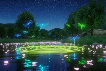 Poster - Neon dragonflies illuminate a serene night scene over a tranquil pond surrounded by lush greenery under a starry sky.
