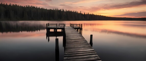 Wall Mural - Rustic wooden pier extending into a serene lake the landscape reflecting sunset colors inviting peaceful moments and connections with nature