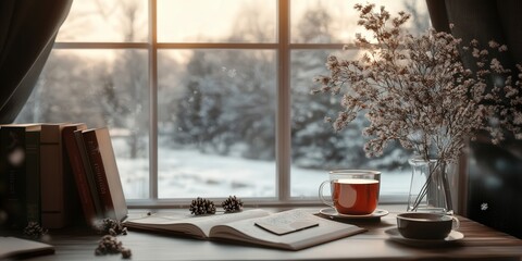 Poster - reading table near a large window, with a cup of tea, a notebook, and a view of a snowy landscape outside, perfect for a winter reading session
