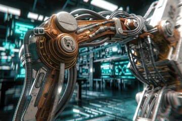 Poster - A detailed close-up of a rusty, intricate robotic arm set against a futuristic, teal-lit control panel backdrop.