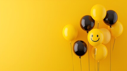 Wall Mural - black and yellow balloons with a smiley face on a yellow background.