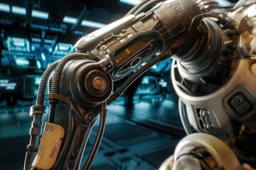 Poster - Close-up of a weathered robotic arm, intricate details showcasing advanced technology in a futuristic setting.