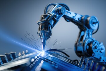 Poster - Industrial robotic arm welding metal with sparks, showcasing advanced manufacturing technology.