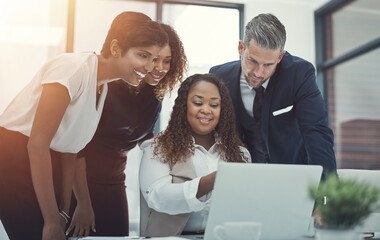 Poster - Laptop, finance or business people in meeting with news for feedback, group discussion or teamwork. Corporate report, happy or financial advisor talking to economists for economy or planning together