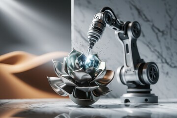Poster - A robotic arm precisely crafts a metallic succulent, showcasing advanced manufacturing and artistic fusion.