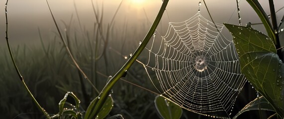 Wall Mural - glistening diamonds of dew on a spiders web in a foggy morning light inviting admiration for natures