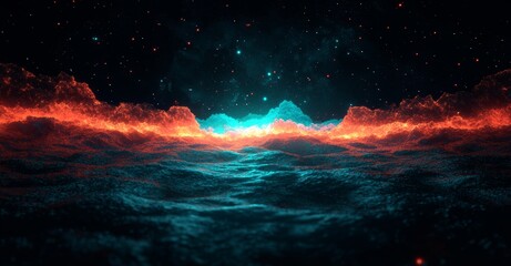 Poster - futuristic hi-tech waves in blue, with glowing pixel particles and light glare on an abstract backgr