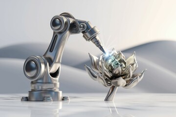 Poster - A robotic arm delicately interacts with a metallic lotus flower, showcasing advanced technology and artistry.