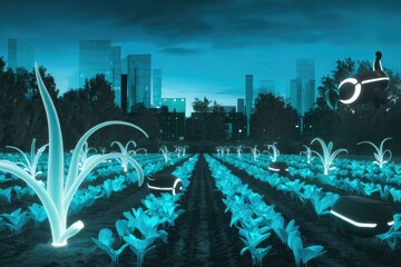Poster - Futuristic urban farm at night with automated robots tending glowing plants.