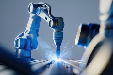 Poster - Industrial robot arm precisely welds metal, sparks flying, showcasing advanced automation technology.