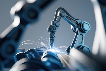 Poster - A robotic arm performs precision welding on a metallic surface, showcasing advanced automation in manufacturing.