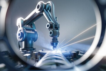 Poster - Industrial robot arm precisely welds metal, showcasing advanced automation technology in manufacturing.