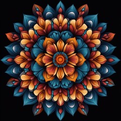 Poster - Colorful Mandala Design with Intricate Petals and Spiraling Shapes against Black