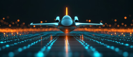 Leinwandbilder - Futuristic aircraft with neon lights on a digital grid at night