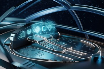 Poster - Futuristic spaceship cockpit with holographic controls and advanced technology.