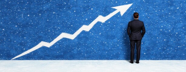 Aufkleber - Businessman Observing Growth Trend Chart on Blue Background with Starry Elements