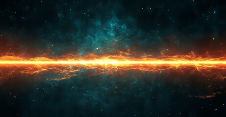 Poster - futuristic blue hi-tech waves, illuminated by glowing pixel particles and light glare on an abstract